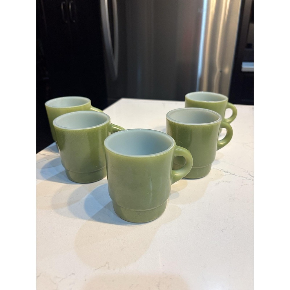 Set of 5 Anchor Hocking Fire King Avocado Green Stacking Coffee Mugs